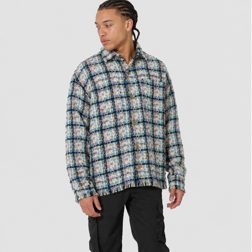 mnml Multi Color Plaid Frayed Hem Overshirt Tweed Shacket Gold Thread Mens Large